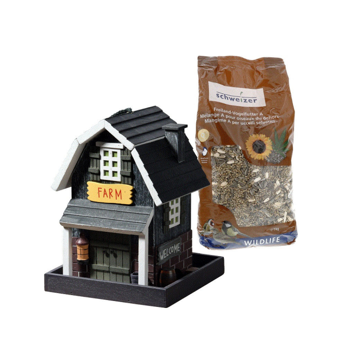 Bundle: Futterhaus Farm + 1 kg Freiland-Vogelfutter A