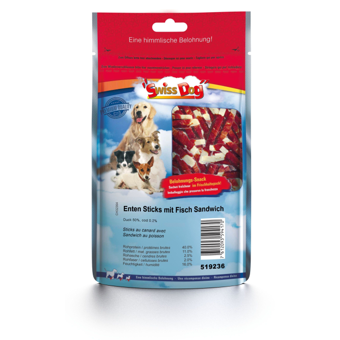 SwissDog Enten Sticks mit Fisch Sandwich - 100g