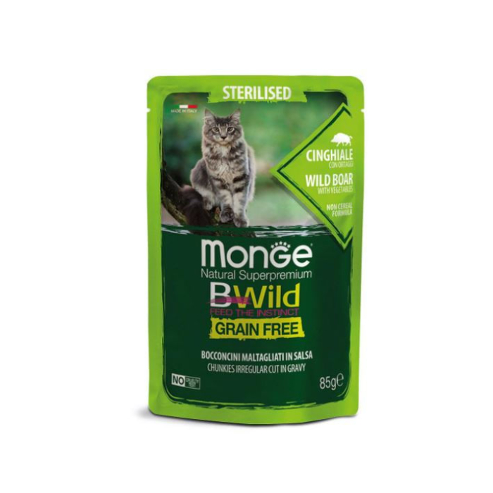 DE Monge BWild Grain Free Sterilised, Wildschwein - 28 x 85g | Katzen-Nassfutter