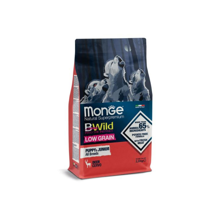 DE Monge Bwild Low Grain Puppy + Junior - Hirsch | Hunde-Trockenfutter 