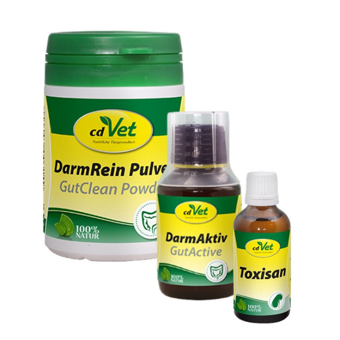 cdVet Darmsanierung "3in1" für Katzen: DarmRein Pulver 40g + DarmAktiv 100ml + Toxisan 100ml