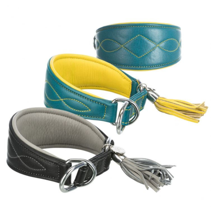 Trixie Active Comfort Halsband aus Leder - petrol/gelb | Für Windhunde