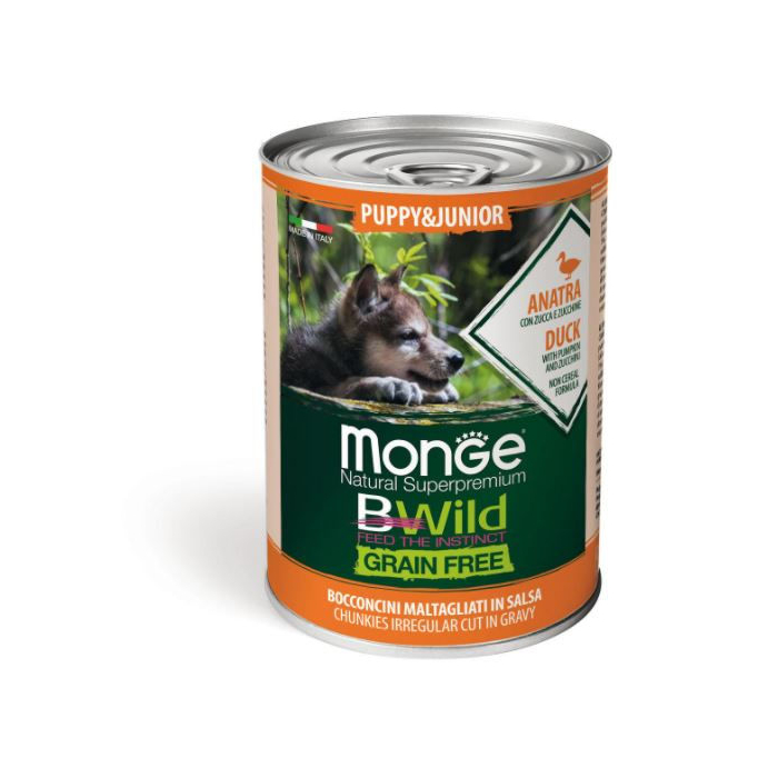 DE Monge BWild Grain Free Puppy + Junior - Ente, 24 x 400g | Hunde-Nassfutter 