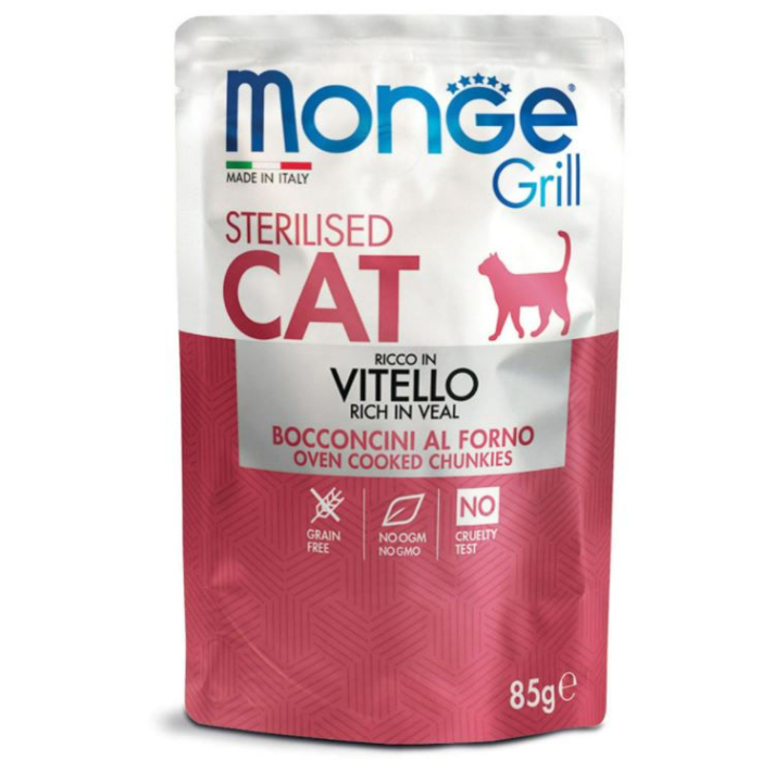 DE Monge Grill Cat Sterilised - Kalb, 28 x 85 g | Katzen-Nassfutter