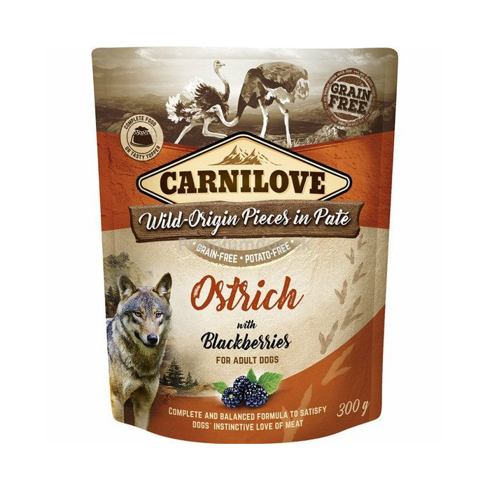 Carnilove Canine Pouch Paté - Strauss + Brombeeren - 12 x 300 g | Hunde-Nassfutter