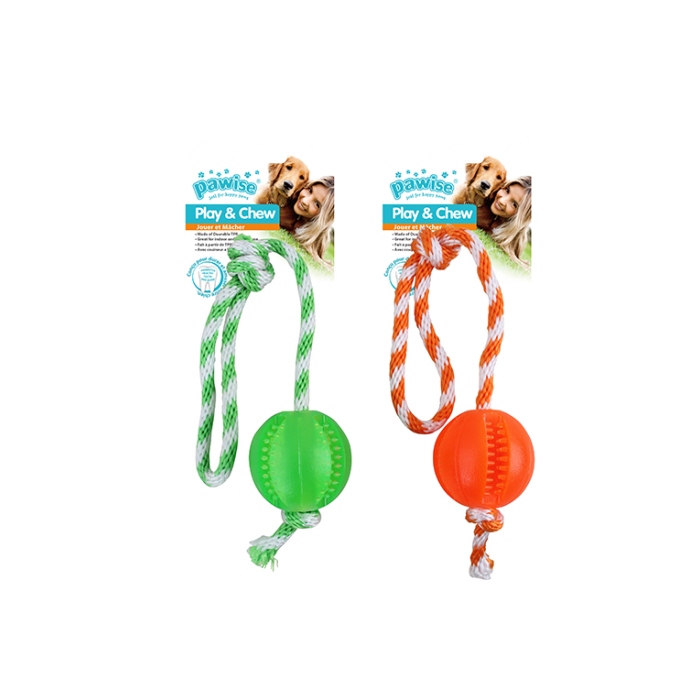 Pawise "Play + Chew" Ball am Seil, assortiert