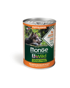 DE Monge BWild Grain Free Puppy + Junior - Ente, 24 x 400g | Hunde-Nassfutter  